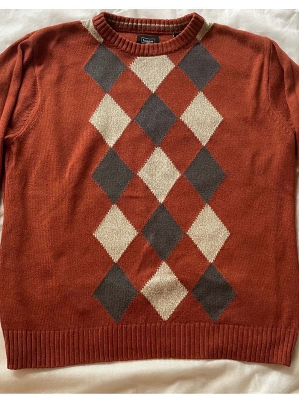 Haggar Dark Orange Argyle Men’s Crewneck Sweater, large